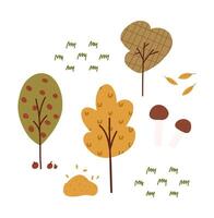 Cute autumn composition with trees, grass and mushrooms - cartoon flat illustration isolated on white background. Hand drawn fall nature elements. vector