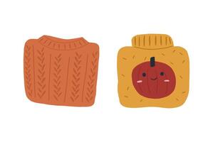 Cute hand drawn folded sweaters, cartoon flat illustration isolated on white background. Concept of sweater weather. Warm autumn sweater knitted with cheerful pumpkin. vector