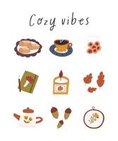 Cozy autumn stickers in cute cartoon flat style, isolated on white background. Hand drawn fall elements - candle, leaves, acorns, cinnamon rolls with cookie jar and cup of tea. vector