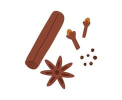 Hand drawn cinnamon stick, star anise and cloves in cute flat style, illustration isolated on white background. Aromatic autumn and winter spices. vector