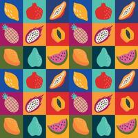 Geometric fruit seamless pattern. Exotic stylized fruits in bright squares. For cover, packaging, background, wrapping paper vector