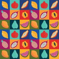 Geometric fruit seamless pattern. Exotic stylized fruits in bright squares. For cover, packaging, background, wrapping paper vector