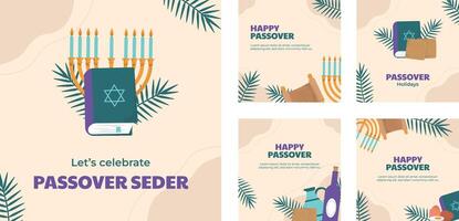 Hand drawn social media posts collection for jewish passover celebration vector