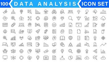 Data analysis line icons set. Analytics, server, mining, data filter, traffic, AI, hosting, monitoring. Statistics and analytics outline icons collection vector