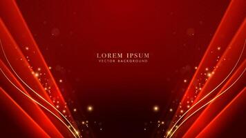 Luxury gold lines curve with red oblique object, shiny dots effect and bokeh decoration on red background. Elegant style design vector