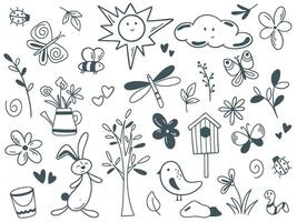 Spring set of elements doodle sketch style vector