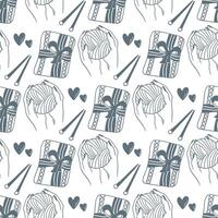 Seamless pattern of knitted items, knitting needle, threads in hands vector
