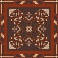 Embroidery floral geometric square pattern. Embroidery folk geometric floral square tile seamless pattern. Ethnic geometric cross stitch pattern use for textile, home decoration elements, etc. vector