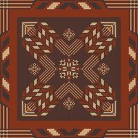 Embroidery floral geometric square pattern. Embroidery folk geometric floral square tile seamless pattern. Ethnic geometric cross stitch pattern use for textile, home decoration elements, etc. vector