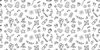 Hand drawn kid icon sketch pattern. Doodle seamless cute background with simple elements flower, heart, letter, arrow, line, cloud. Childish texture. vector