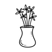 Flower in vase doodle illustration with floral bouquet. Hand drawn cute line art plants in interior. Thin linear drawing for coloring vector