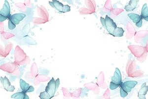 Watercolor rectangular frame or banner with illustration of delicate blue and pink butterflies with watercolor abstract splashes stains in round. Handmade, isolated vector