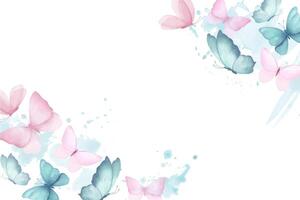 Watercolor rectangular frame or banner with illustration of delicate blue and pink butterflies with watercolor abstract splashes stains in corners. Handmade, isolated vector