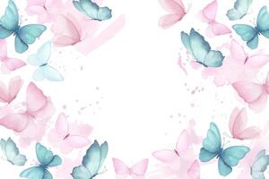 Watercolor rectangular frame or banner with illustration of delicate blue and pink butterflies with watercolor abstract splashes stains in round. Handmade, isolated vector