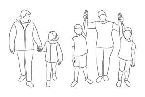 Sketch outline of adults and children while walking, isolated vector