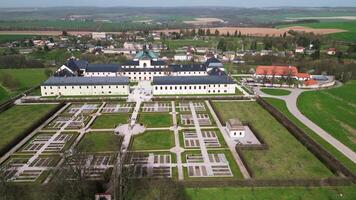 Aerial side view of baroque Hospital Kuks in Czechia video