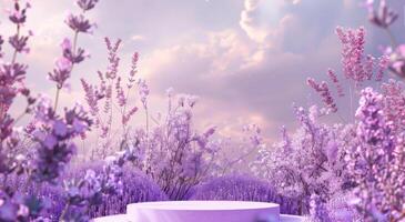 campo de púrpura flores con blanco cuenco foto