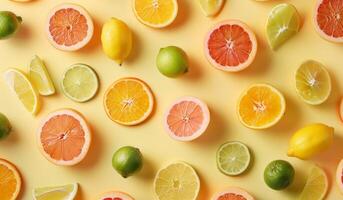 Group of Oranges, Limes, and Lemons on Yellow Background photo