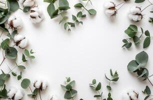 Cotton Flowers and Green Leaves on White Background photo