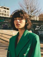 Woman in Green Suit Standing in Front of Skateboard Ramp photo