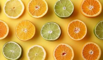 Group of Oranges, Limes, and Lemons on Yellow Background photo