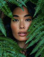 Woman Peeking Behind Green Plant photo