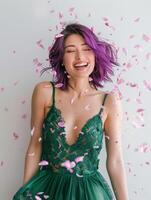 Woman With Purple Hair Standing in Front of Wall photo