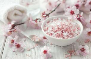White Bowl Filled With Pink Flowers Next to a Spoon photo