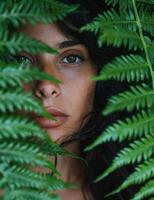 mujer echar un vistazo detrás verde planta foto