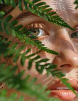 Woman Peeking Behind Green Plant photo