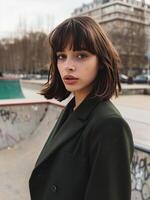 Woman in Green Suit Standing in Front of Skateboard Ramp photo