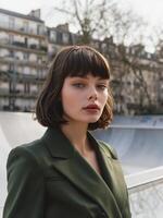 mujer en verde traje en pie en frente de patineta rampa foto