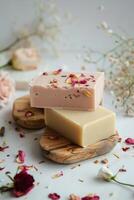 Close Up of Three Soap Bars on a Table photo