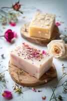 Close Up of Three Soap Bars on a Table photo