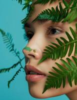 Woman Peeking Behind Green Plant photo