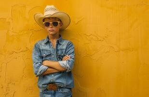 joven chico vistiendo vaquero sombrero y Gafas de sol foto