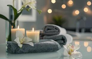 Candles, Towels, and Flowers on Table photo