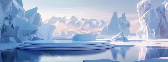 Icebergs Floating in Lake Surrounded by Mountains photo