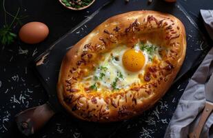 Egg in Bread Bowl on Table photo