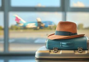 Two Suitcases and a Hat on Tiled Floor photo