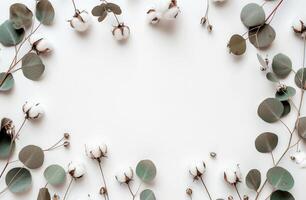 Cotton and Eucalyptus Leaves on White Background photo