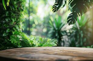 Wooden Table Surrounded by Greenery photo