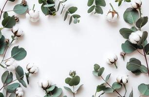 Cotton and Eucalyptus Leaves on White Background photo