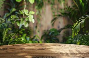 Wooden Table Surrounded by Greenery photo