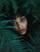 Woman Hiding Behind Green Plant photo
