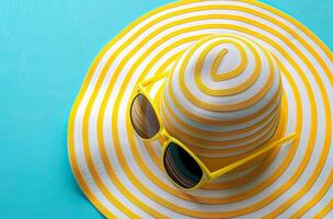 Yellow and White Hat and Sunglasses on Blue Surface photo