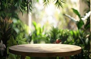 Wooden Table Surrounded by Greenery photo