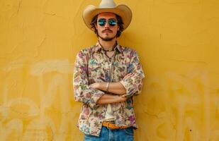 hombre en vaquero sombrero y Gafas de sol en pie en frente de amarillo pared foto