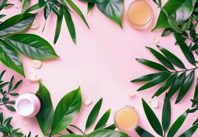 Pink Background With Green Leaves and a Cup of Tea photo