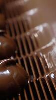 Thick layer of milk chocolate over the marshmallow desserts. Freshly-covered sweets move along the conveyor. Close up. Vertical video